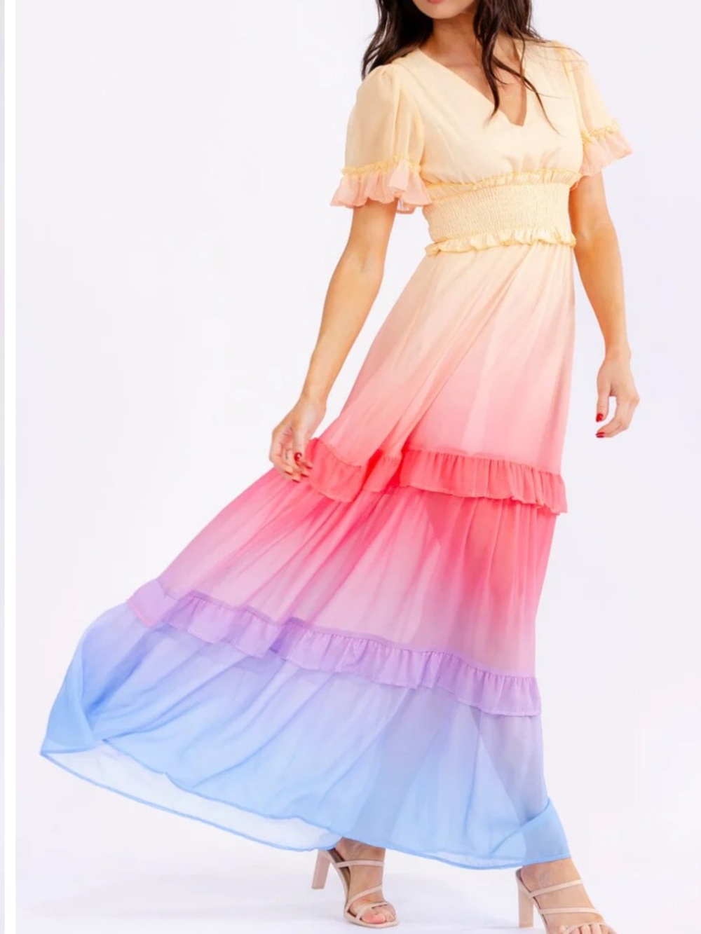 Boho NWT rainbow Ombre Ruffle Tiered Maxi Dress size S-M-L